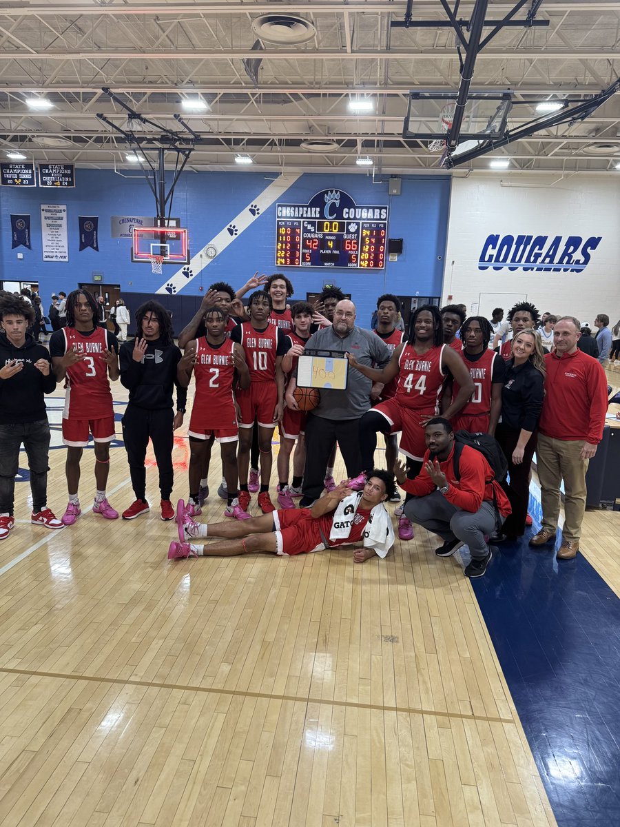 Boys Varsity Basketball 
Final

Glen Burnie 66
Chesapeake 42

Congratulations to Head Coach Mike Rudd who earned his 400th career win tonight.  Coach Rudd has been the Head Coach of Glen Burnie since 1996 and with the program since 1986. <a href="/GBHSaacps/">Glen Burnie High School</a>