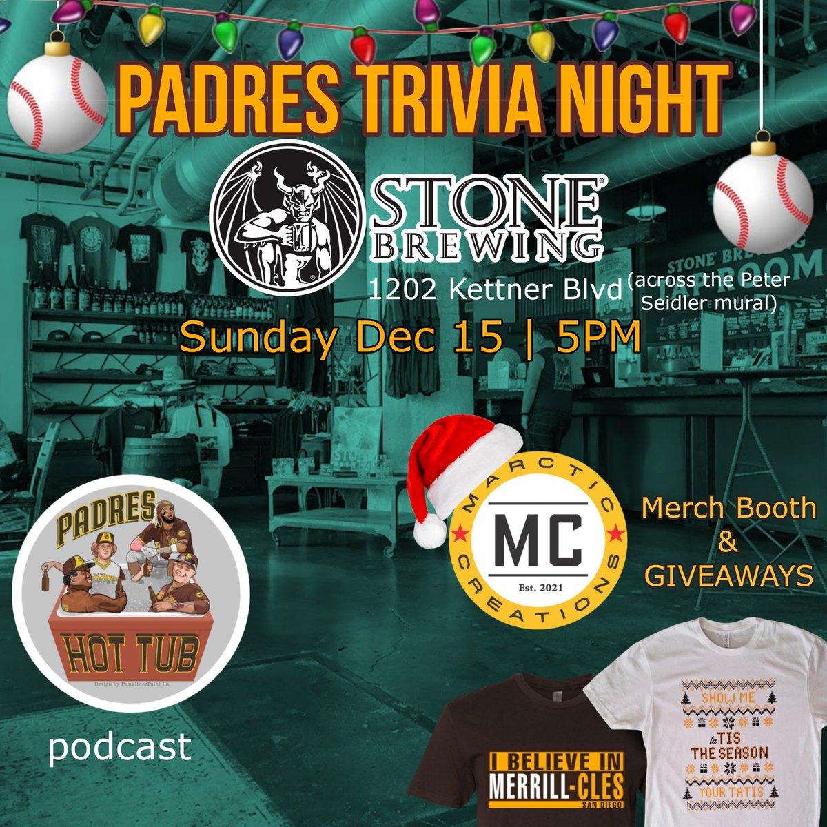 Come get your Padres fix this Sunday at Stone.  Hot Tub podcast and Marctic Creations will be there to add to the off season fever.   Share with your fellow friarfaithfuls

#Padres #friarfaithful #padresfans #stonebrewery #tatistheseason #marcticc #trivianight
