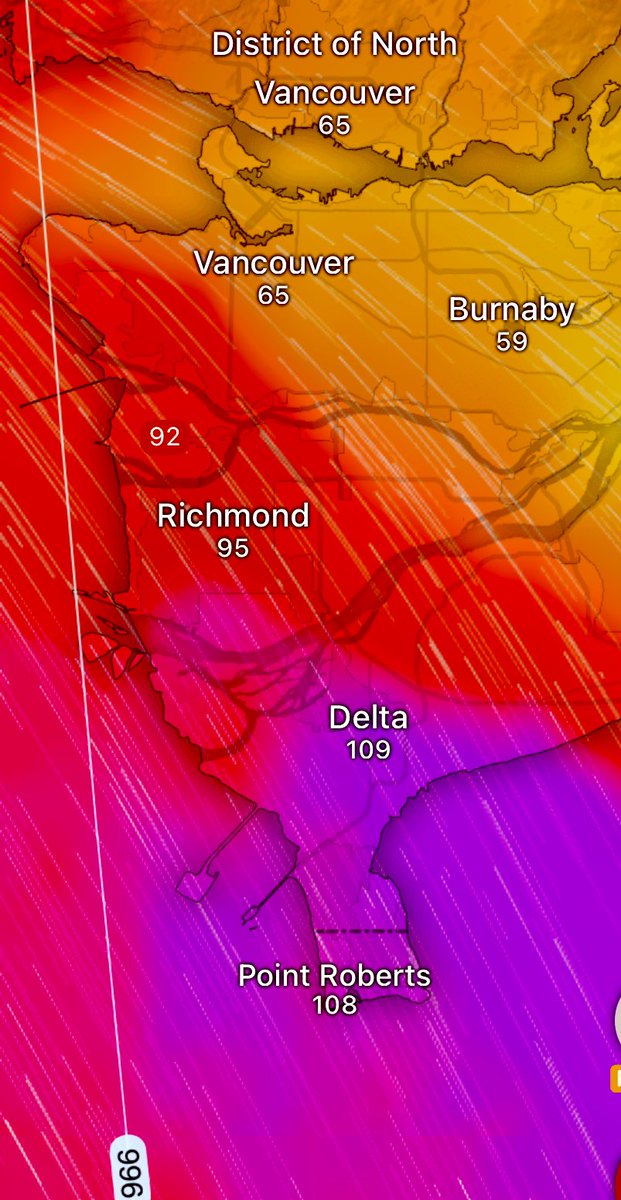 southcoastwx's tweet image. Well this blows away any chance of catching a Tsawwassen ferry tomorrow. 
HRDPS is trying to bully Delta with 110km/h wind gusts. 
90-100km/h gusts is a likely scenario here. 

#BCStormWatch #Windstorm #BCWind #Storm #Ferrycancelations #Outages
