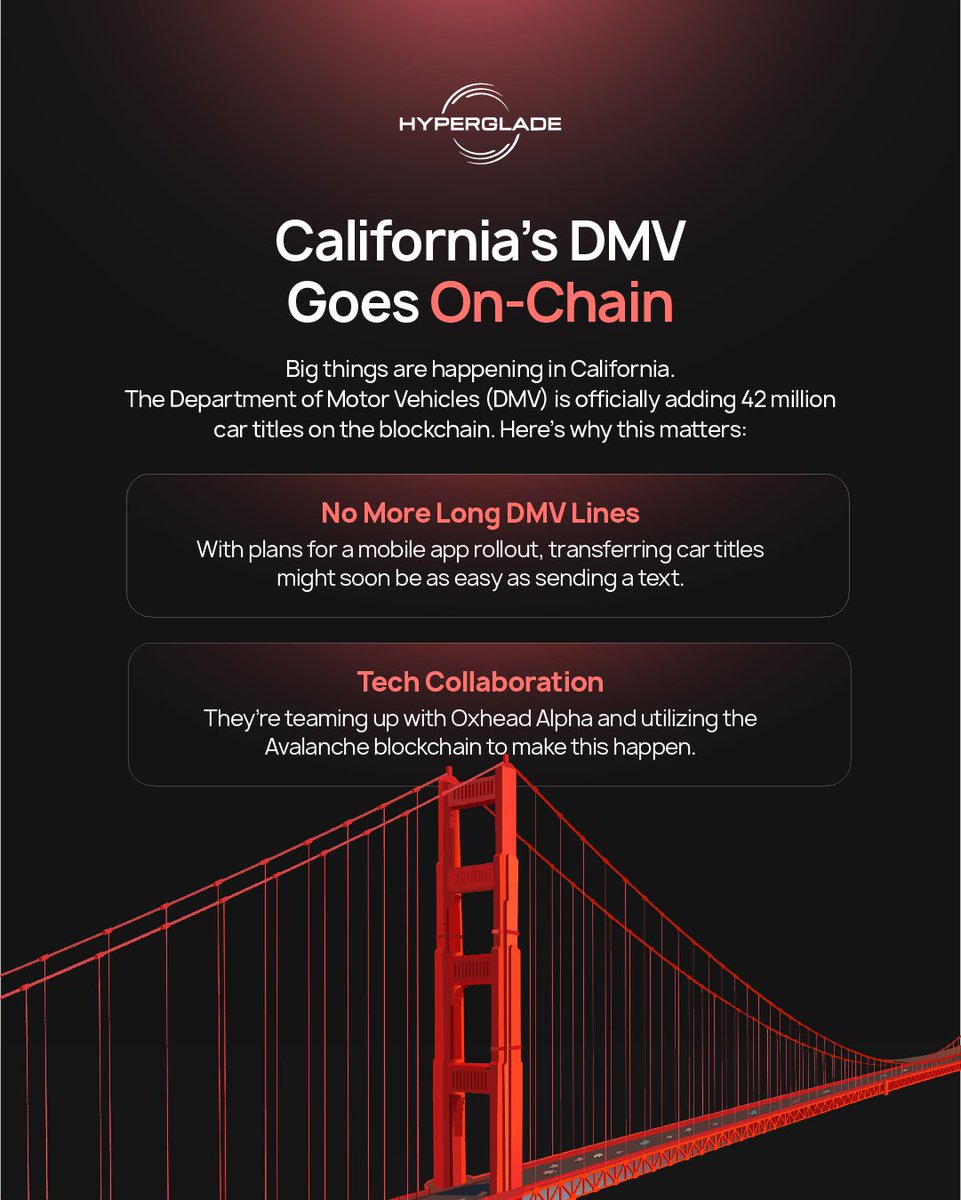 hyperglade's tweet image. California DMV is going on-chain! 🤯🚗 42 million car titles, secured by blockchain. Less fraud, faster transfers. The future of DMV is here.

#hyperglade #tech #blockchain