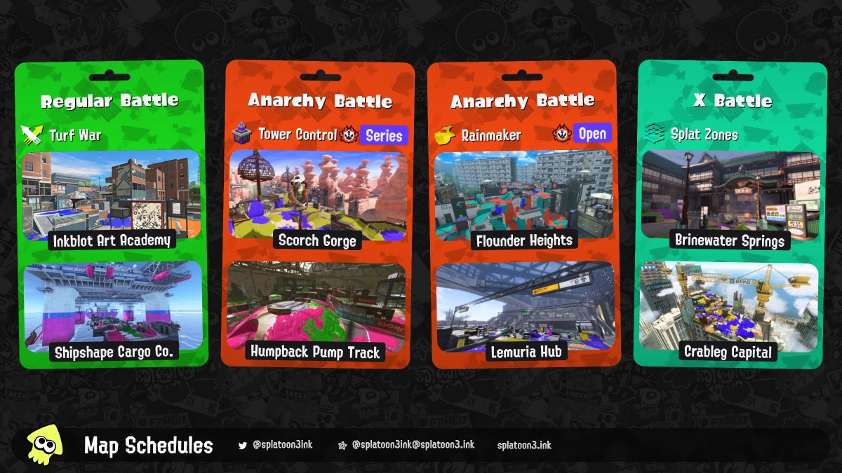 Splatoon3ink's tweet photo. Splatoon 3 map rotation: #maprotation

– Anarchy (Series): Tower Control
– Anarchy (Open): Rainmaker
– X Battle: Splat Zones https://t.co/idne7yiDK1