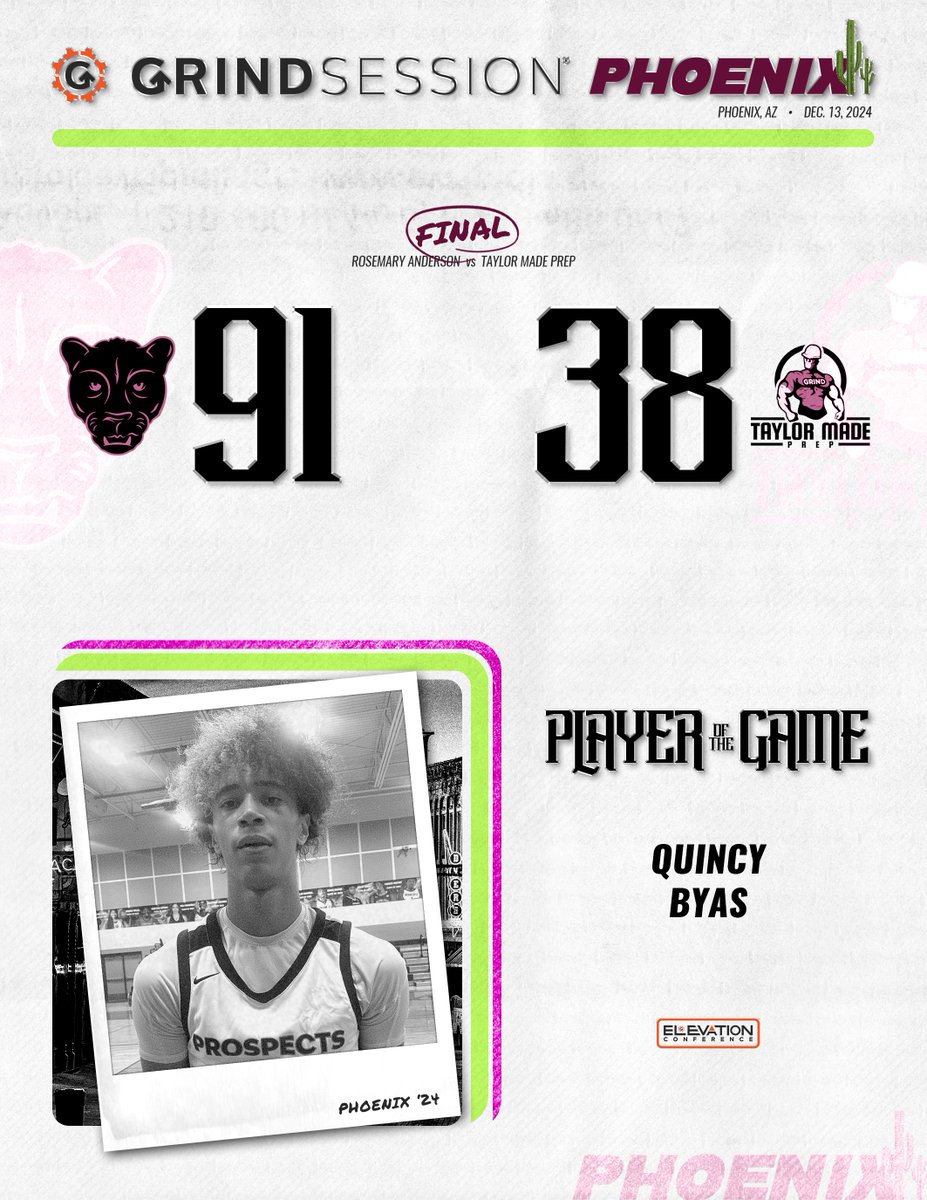 FINAL
Rosemary Anderson (OR) 91
Taylor Made Prep (AZ) 38
Player of the Game: Quincy Byas