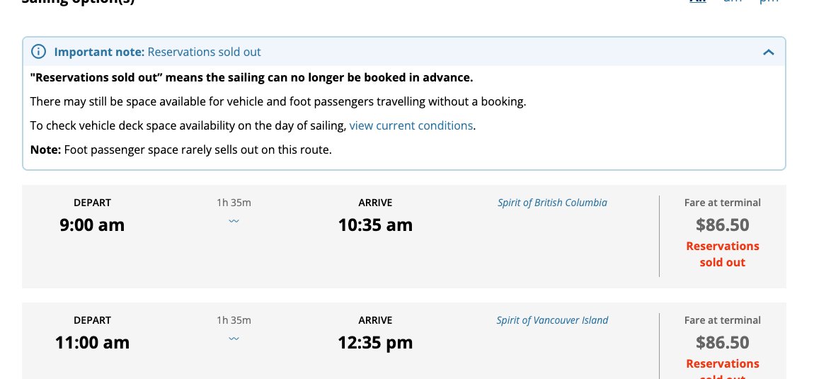 TokyoPodcast's tweet photo. @BCFerries is your 7:00am sailing from Swartz Bay to Tsawwassen running tomorrow? Status shows 100% but no option to book a reservation. https://t.co/1VnEkyBBkm