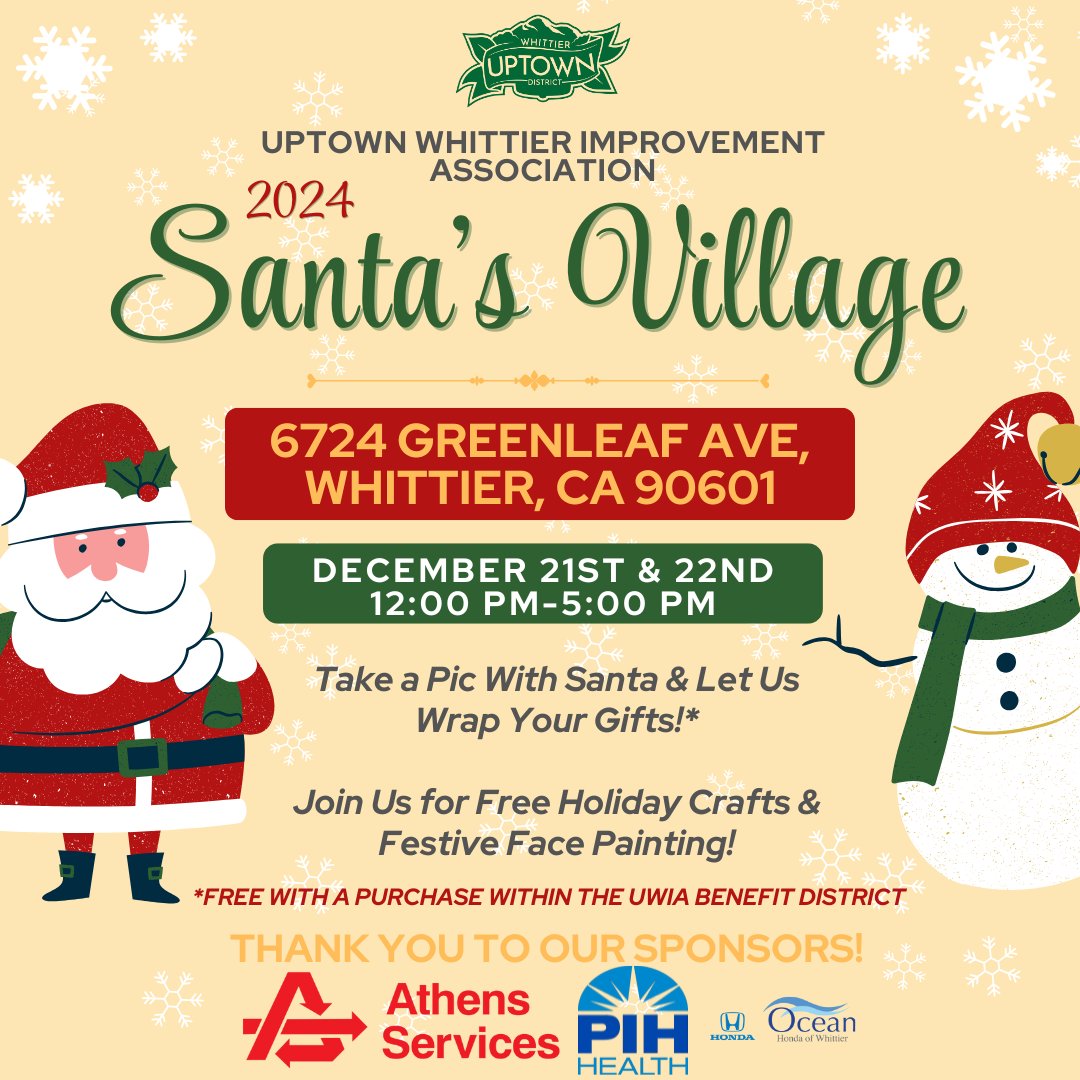 OurUWIA's tweet photo. Santa’s Village is coming back to #UptownWhittier!
Where: 6724 Greenleaf Ave., Whittier, CA 90601
When: December 21st and 22nd from 12PM to 6PM
Bring the whole family for holiday cheer! 
#MeetMeInUptown #HolidayFun #santasvillage #santaclausiscomingtotown https://t.co/9L4b0zxIz1