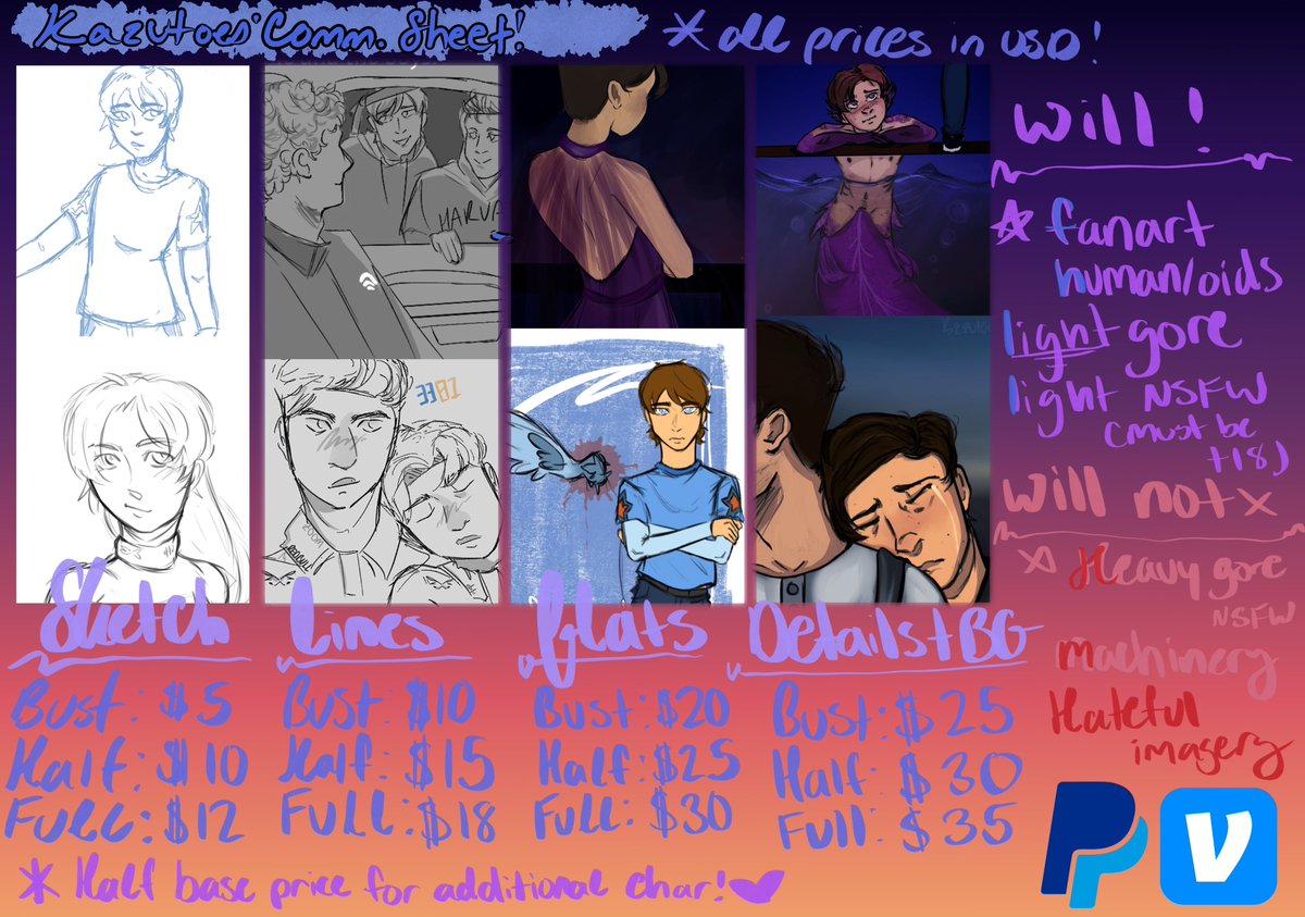 kazinterrupted's tweet photo. FINALLY OPENING COMMISSIONS!! :D took me long enough, but here are my prices + will/wonts ! <3 TOS is down below, thank you for looking !! https://t.co/LFNzlPTE9J