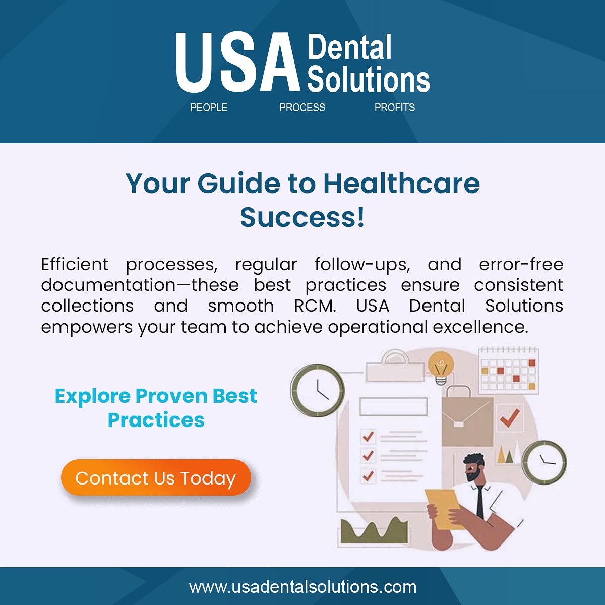 _USADS's tweet photo. Implementing best practices ensures smoother workflows and better results. From billing to AR management, following the right steps can transform your practice operations.

#rcm #usadentalsolutions #workflowefficiency #practiceoptimization #streamlinedoperations #armanagement https://t.co/tyjXxTv0om