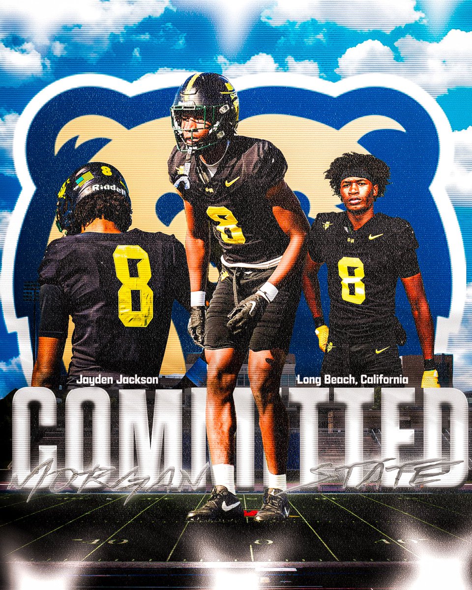 Jaydennjackson2's tweet photo. We here!! 100% Committed 
West coast > East Coast 

After having many conversations with my family and coaches I am announcing that I will be taking my talent to “Morgan State University!!” I will like to thank all the coaches who built me up from the past and present to hit this stage I am at now. JUCO was a long amazing process and I enjoyed every moment of it! LETS GET TO WORK!
@CoachOSmith @CoachMitchGW 
@GWCfootball @LocksmithGw @PatrickLaumatia @Roman_Kafentzis 
@MorganStCoach @man86252 @Coach_Padilla66 @CoachSeleGW @CoachSavea57 @coach_herbcash