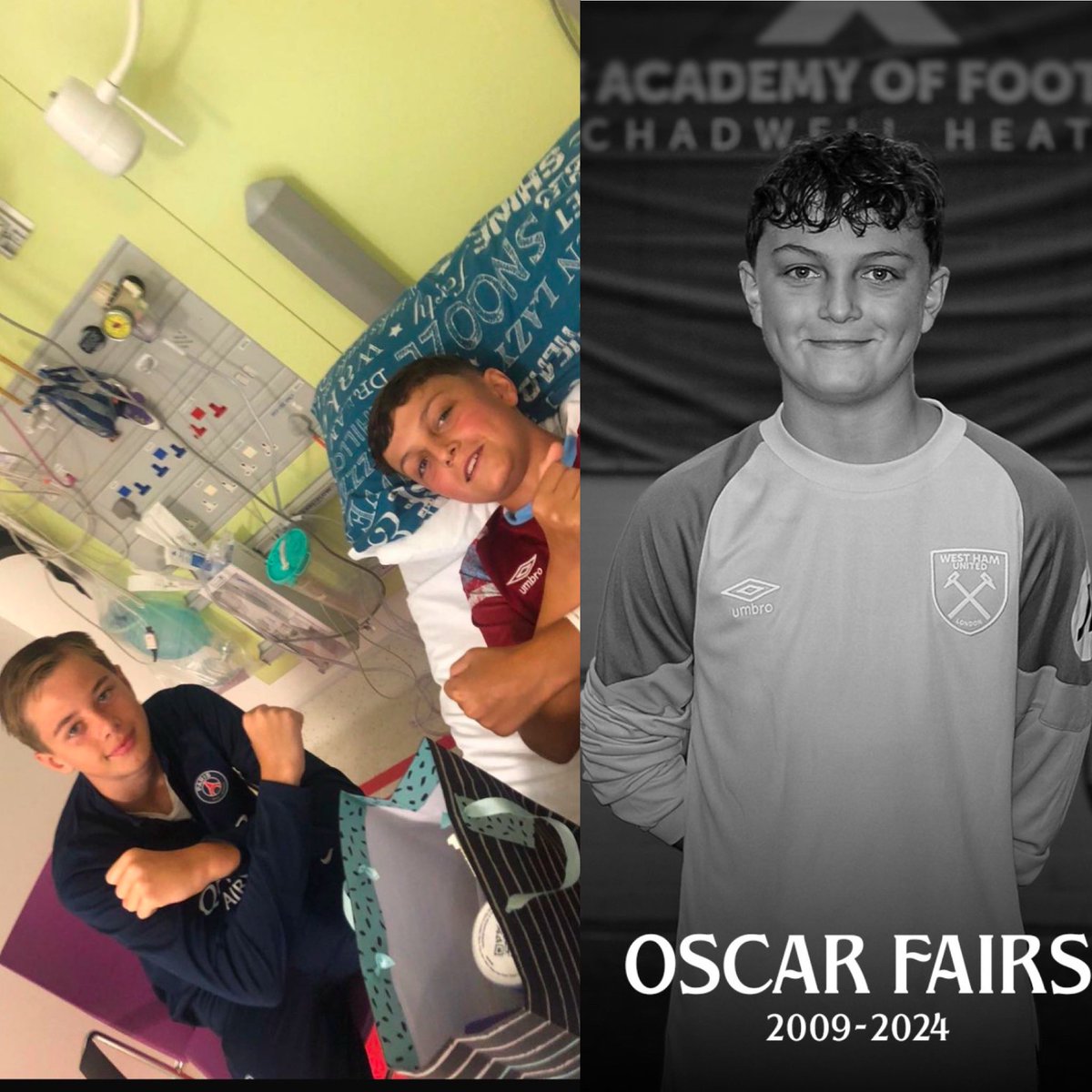 Oscar we will miss you every day you fought such a brave battle you will always be in our hearts Harry loved being beside you in goal over the past few years at West Ham forever our hero Oscar Fairs 💔⚒