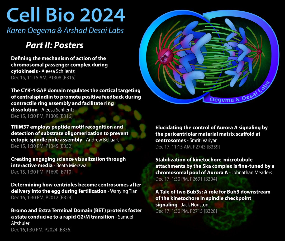 Oegema/Desai Labs (@oegemadesai_lab) on Twitter photo We couldn't be more excited to present our work at #CellBio2024! Mark your calendars for these talks and posters by our current lab members and recent alumni, including <a href="/beatascienceart/">Beata Science Art</a> <a href="/neha_var/">Neha Varshney</a> and <a href="/JiaweiXu_/">Jiawei Xu 徐嘉尉</a>. Looking forward to seeing you all! We couldn't be more excited to present our work at #CellBio2024! Mark your calendars for these talks and posters by our current lab members and recent alumni, including <a href="/beatascienceart/">Beata Science Art</a> <a href="/neha_var/">Neha Varshney</a> and <a href="/JiaweiXu_/">Jiawei Xu 徐嘉尉</a>. Looking forward to seeing you all!