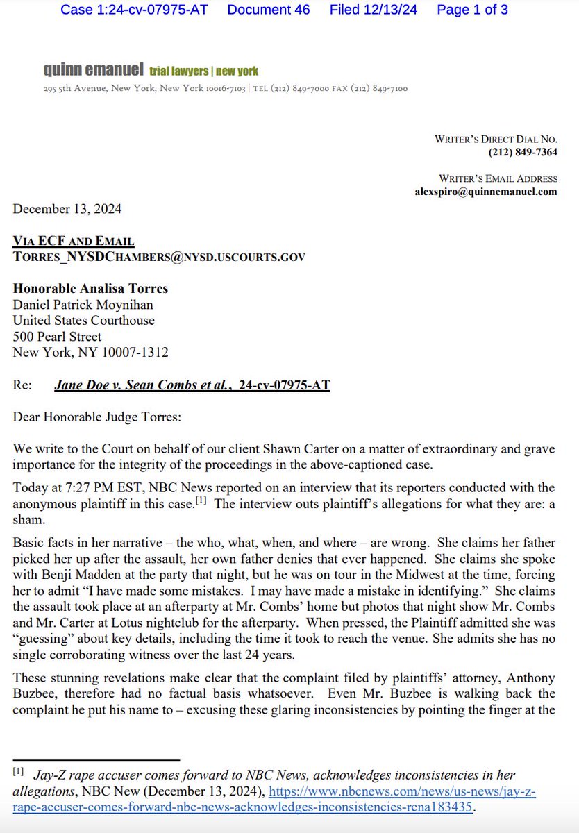 meghanncuniff's tweet photo. "We write to the Court on behalf of our client Shawn Carter on a matter of extraordinary and grave importance for the integrity of the proceedings in the above-captioned case,"  begins tonight's letter to the court from Jay-Z's lawyer Alex Spiro. https://t.co/kiTAjEEvS7