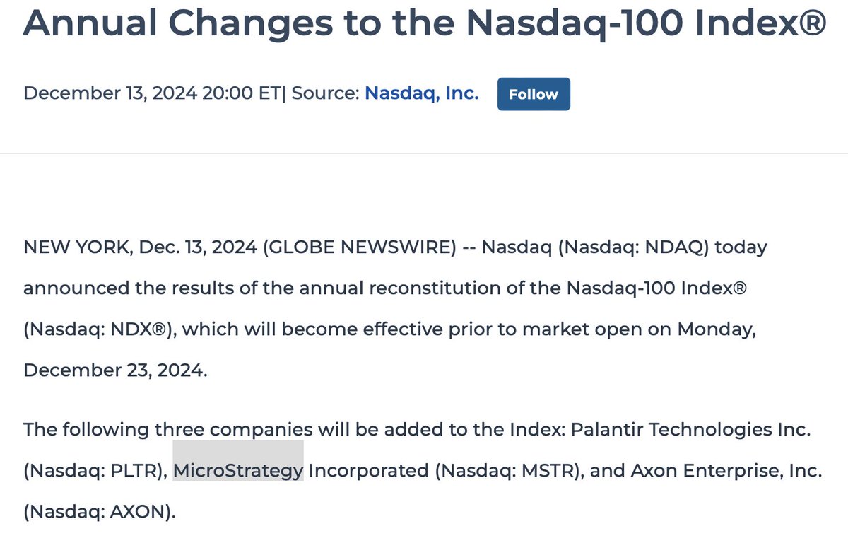 Nasdaq 100 to now include MicroStrategy #MSTR. Changes to take effect  Monday, Dec. 23.