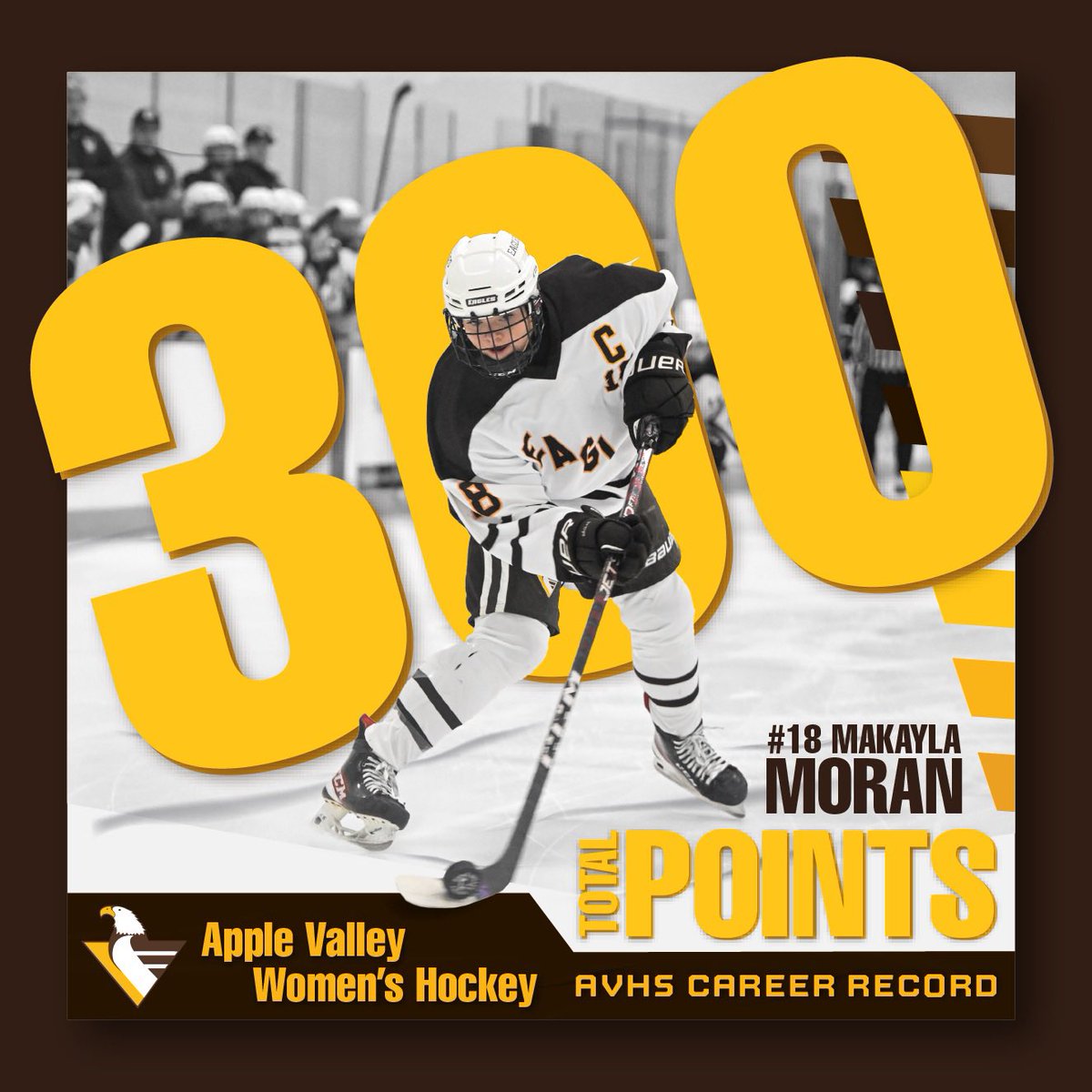 AVEAGLESICE's tweet photo. 🏒🔥 HISTORY MADE! 🔥🏒

With her opening goal in Alex tonight, #18 Makayla Moran has officially hit an incredible milestone: 300 CAREER POINTS! 🎉🥅

Eagle Nation, let’s give it up for Makayla! 👏👏 #300Points #EaglePride 🦅💛🤎 #HistoryMaker #AVWHockey #MakaylaMoran https://t.co/xJe0t59uro