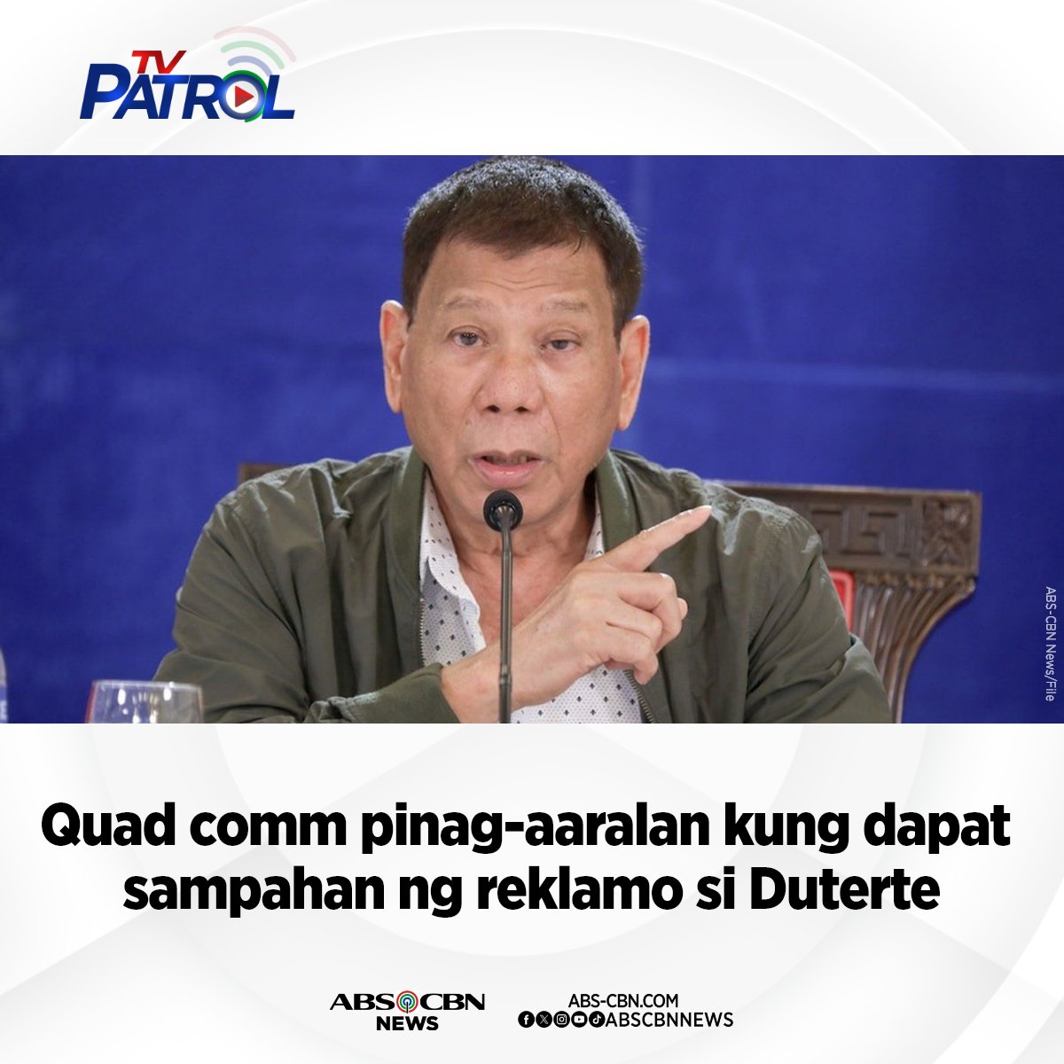 ABSCBNNews's tweet photo. Pinag-aaralan ng House quad-committee kung irerekomendang sampahan ng reklamo si dating pangulong Rodrigo Duterte at iba pang nagpatupad ng drug war sa ilalim ng kaniyang administrasyon.
Buong ulat: https://t.co/jbF3QQAhva https://t.co/fLmXebq8eu