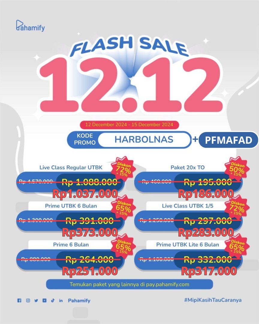 tinalcj's tweet photo. Bismillah
[PROMO 12.12!]    

❓Tutorial dapetin promo:  
1⃣Buka website https://t.co/NHka61GCM4
2⃣Pilih paket belajar yang kamu mau 
3⃣Klik kode  HARBOLNAS   
4⃣Ketik kode promo PFMAFAD 

t. wtb wts mipy mify bimbel utbk online  
zonauang belajar snbt ruangguru agit
pahamify https://t.co/X3hGzEYcFK
