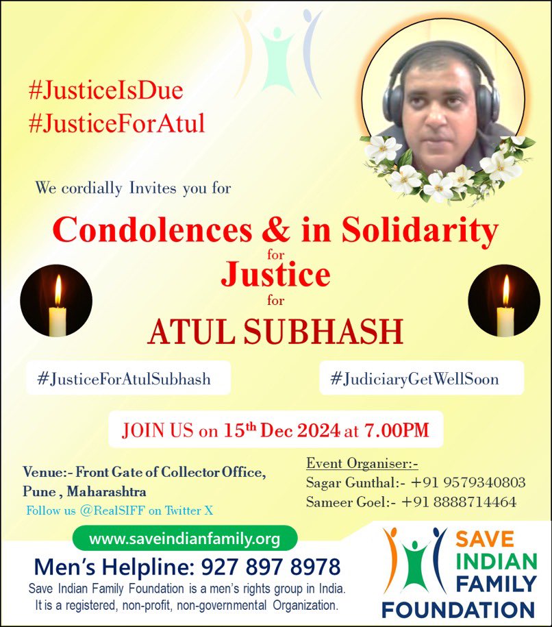 <a href="/TimesAlgebraIND/">Times Algebra</a> Join us in paying tribute to Atul Subhash in Pune, Maharashtra.

📍 Location: Collector Office Gate
📅 Date: 15th Dec 2024
⏰ Time: 7:00 PM onwards

Let’s stand together for justice and change.

#JusticeIsDue #JusticeForAtulSubhash
#JudiciaryGetWellSoon #Pune #Maharashtra