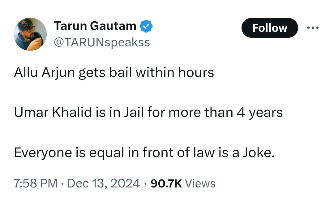 Incognito_qfs's tweet photo. Allu Arjun is an actor.

Umar Khalid is a terrorist.

And Tarun is a chutiya. https://t.co/oTttSPy2vl