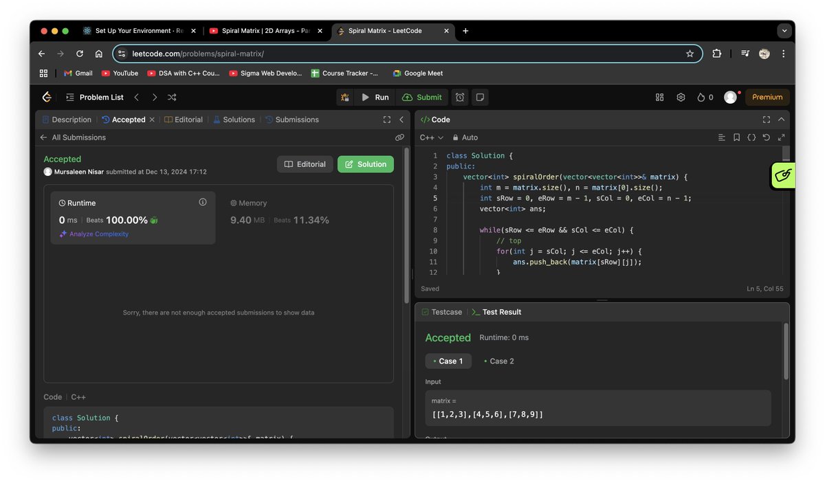 mursaleen_nisar's tweet image. Solved the Spiral Matrix problem on LeetCode today! 🌀 Traversing a 2D array in spiral order was a fun challenge, requiring careful handling of boundaries, directions, and edge cases. Loved the process of refining the logic!

#DSA #LeetCode #SpiralMatrix #ProblemSolving