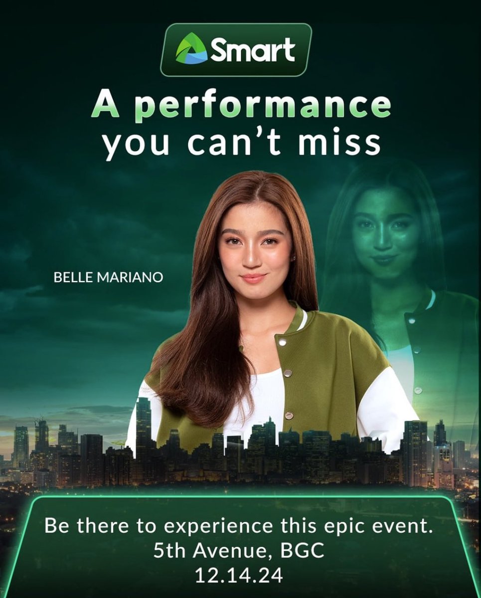 TODBOverseas's tweet photo. December 14, 2024
📍#SHEINtakesPH Pop-Up!🎁✨ Catch her live at 11 AM
OneAyala, 2nd Level Concourse

📍#Smart Concert 💚
Join Belle live in BGC as she lights up the stage with her captivating presence.🎤✨
Get a chance to M&amp;G Belle.
5th Avenue BGC, 3:30pm onwards. 

#BelleMariano https://t.co/8Tu40c3NqQ
