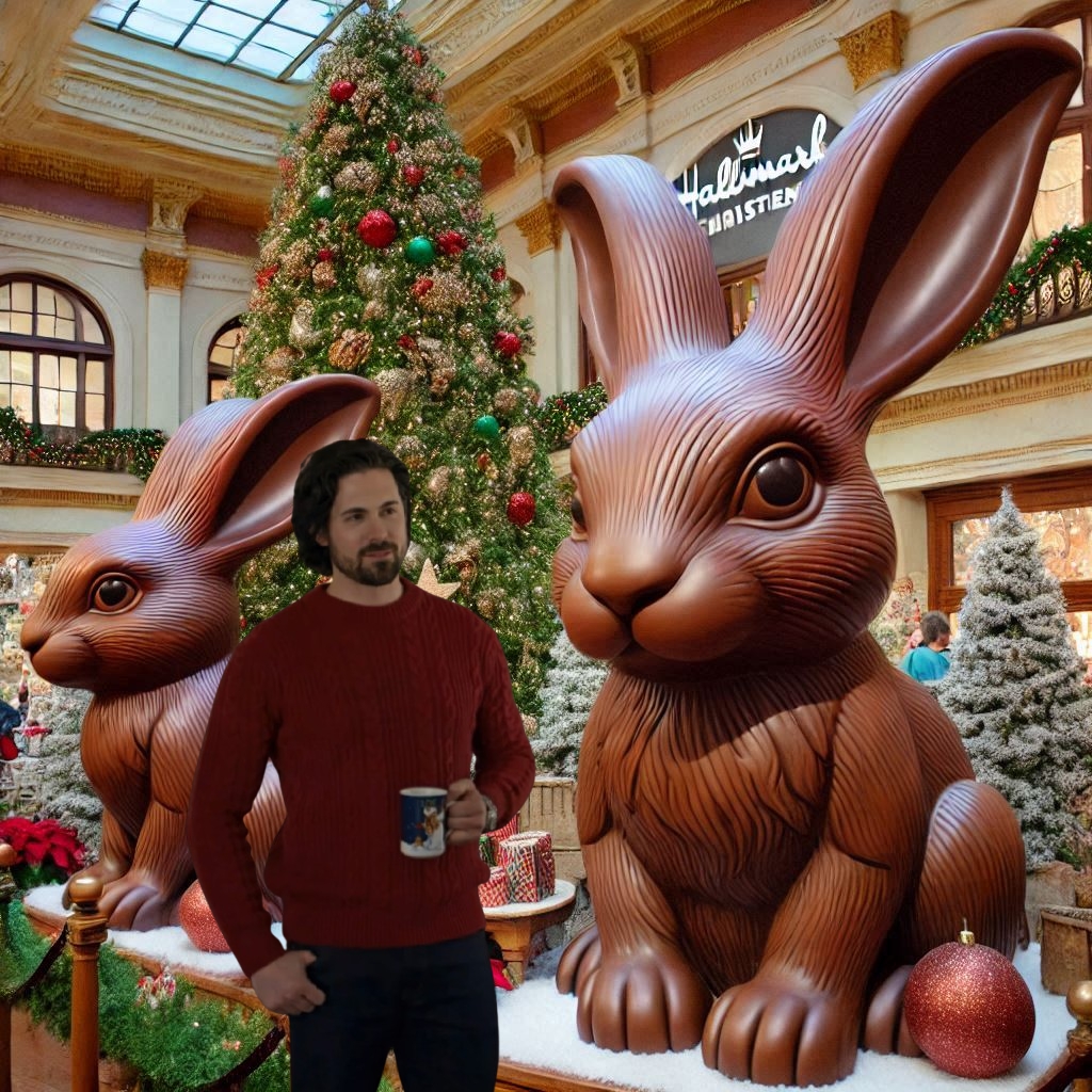 ReggieMah_'s tweet photo. #ChrisMcNally inspecting Hallmark's holiday magic. Chocolate bunnies this big? Now that's a display  Governor Bouchard would approve of! 🐰✨ @hallmarkchannel @ChrisMcNally_ #LucasBouchard #TLCB https://t.co/k9pbKkn9I9