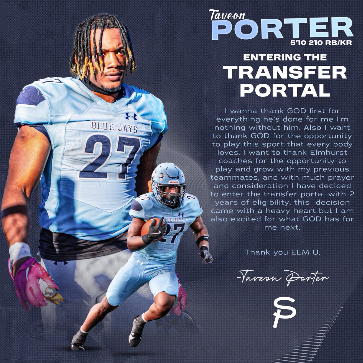 I am officially in the portal all glory to God 
5’10 , 210 lbs RB/KR
2024-all cciw , and all purpose yard leader in the cciw