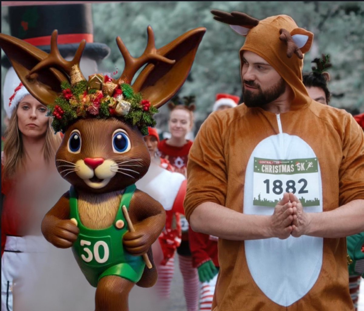 ReggieMah_'s tweet photo. Antlers? Check. Determined face? Check. @ChrisMcNally_ racing a giant bunny? Priceless. 🦌🏃‍♂️🍫 #ChrisMcNally @hallmarkchannel #TLCB https://t.co/Of1fnbUu3B