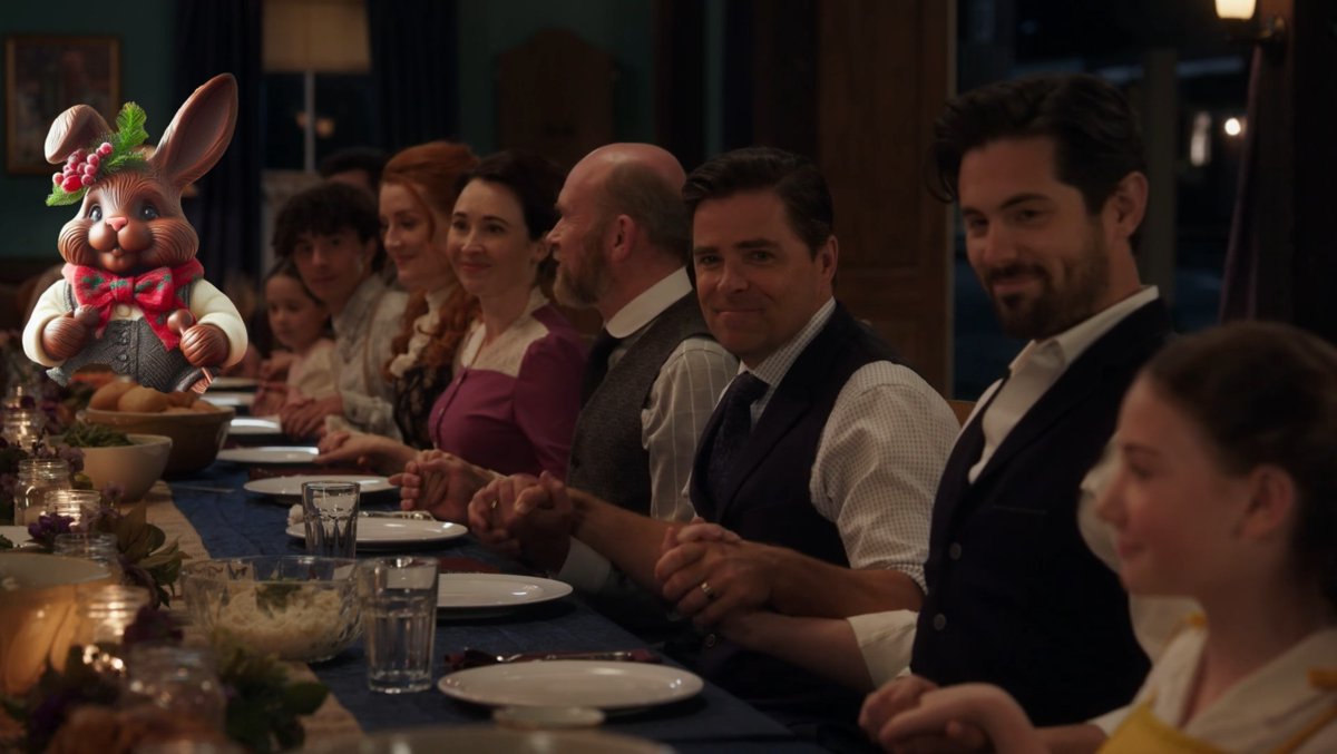 ReggieMah_'s tweet photo. Lucas and Minnie host a lovely community dinner, but let’s be honest—the real guest of honor was the large chocolate bunny. Always stealing the spotlight. 🍫🐰 #ChrisMcNally @hallmarkchannel @ChrisMcNally_ #TLCB #LucasBouchard https://t.co/tnJ1mnes38