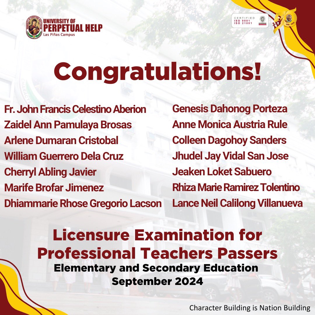 PerpetualLP's tweet photo. Congratulations to all the newly licensed professional teachers in Elementary and Secondary Education! 

Your hard work, dedication, and perseverance have paid off. 🎉

Keep inspiring and shaping the minds of the future generation.
 
#ProudPerpetualites #LETPassers2024 https://t.co/mrdw4pgXBg
