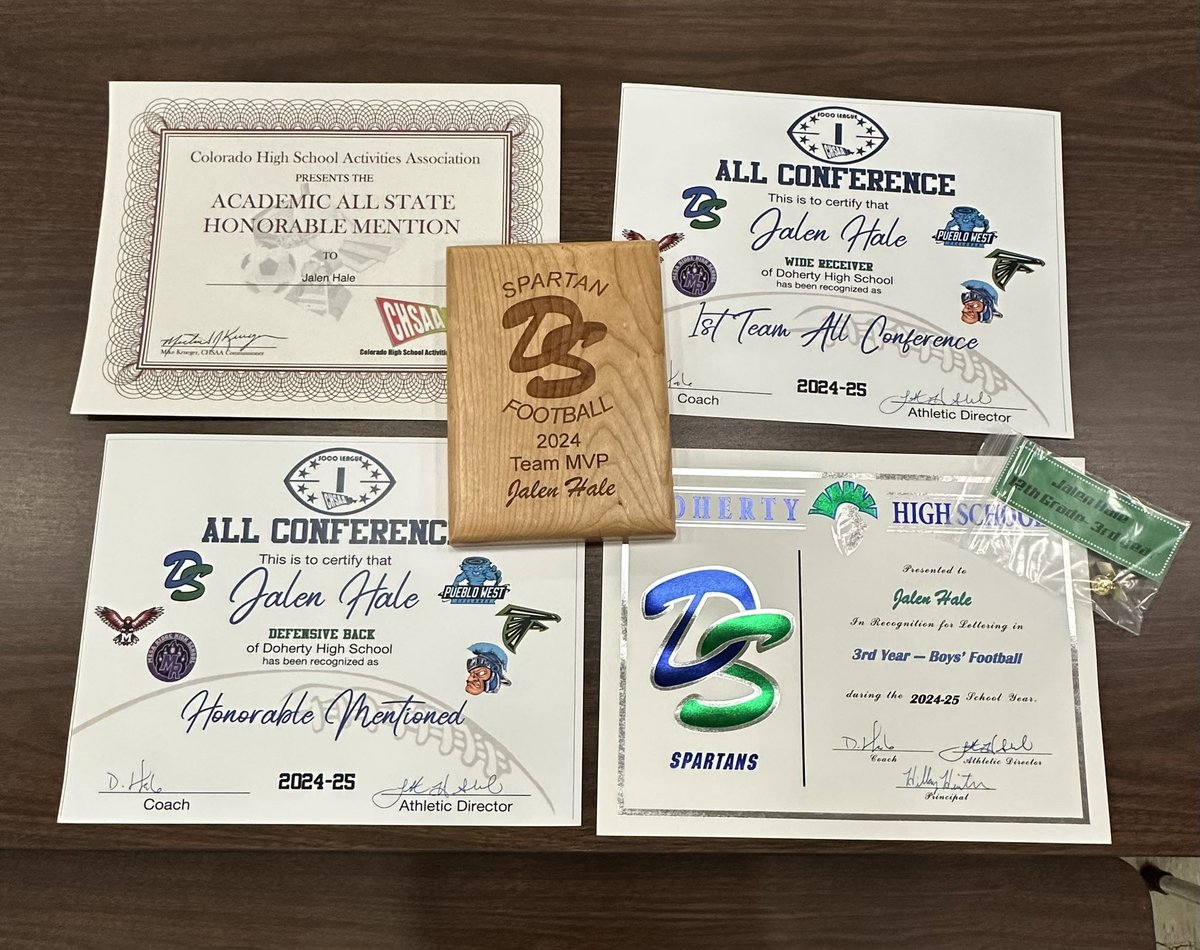 Blessed to be a 3x varsity letter winner and receive 1st team all conference WR, all conference Honorable Mention DB Academic all state Honorable Mention and Team MVP. @DHS_SpartanFB