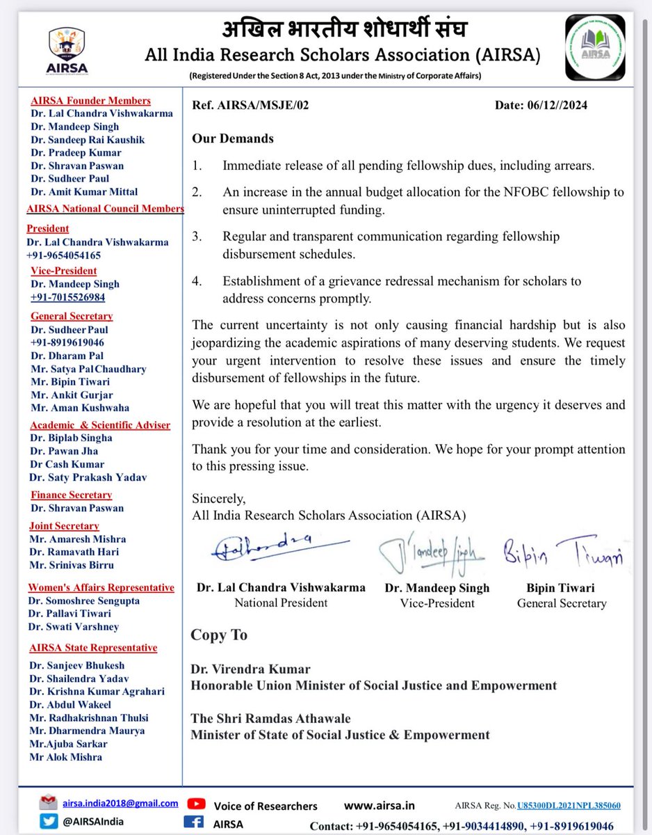 AIRSAIndia's tweet photo. #NFOBCfellowship
NFOBC research scholars have consistently appealed to @MSJEGOI @amitdia @Drvirendrakum13 for the timely and regular disbursement of their fellowship @nbcfdc Despite their repeated requests,their concerns remain unheard @careers360 @IndianExpress
@mridusmita_deka https://t.co/Ce4gywR1Gz