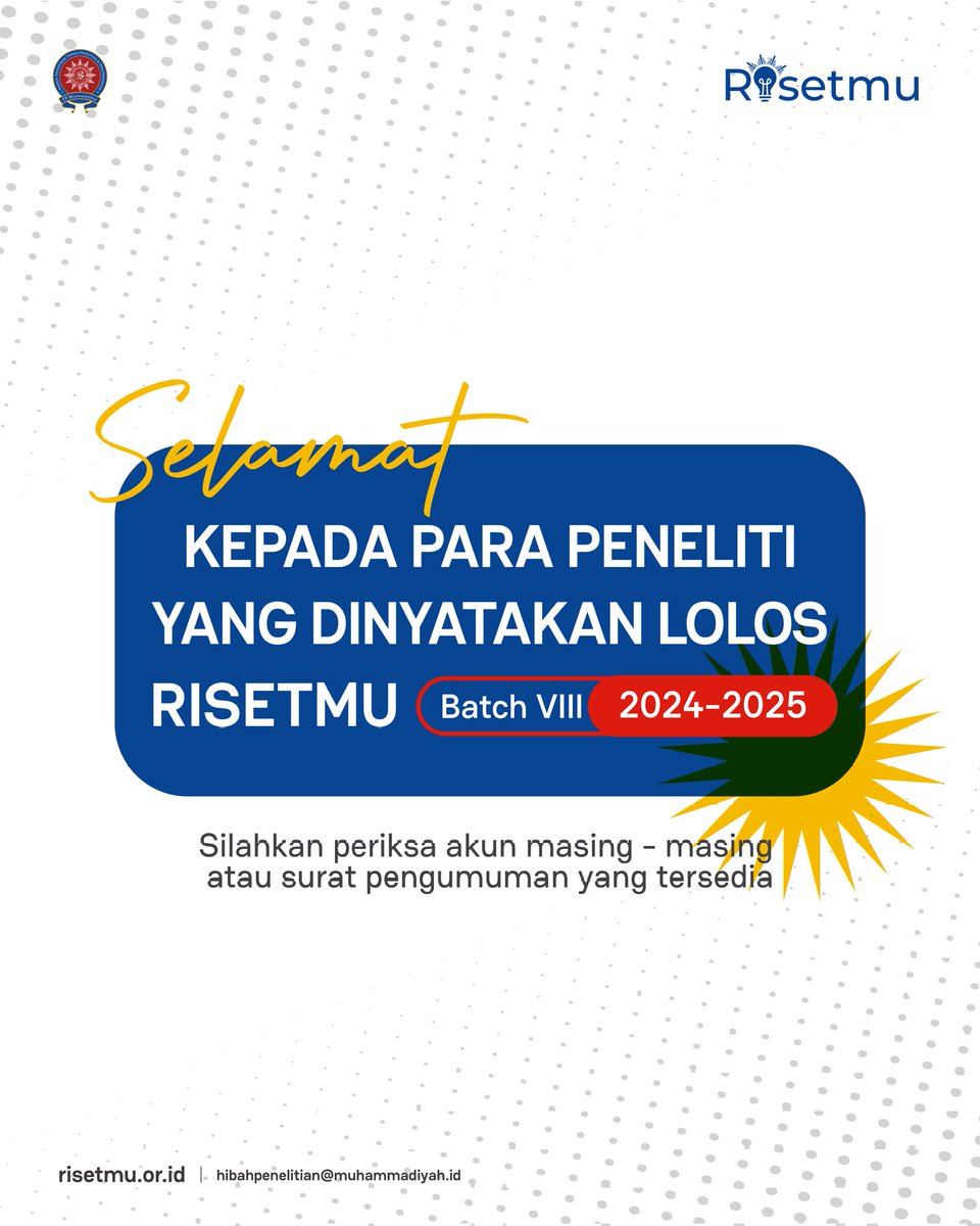 SELAMAT!!
Kepada para peneliti yang dinyatakan lolos Risetmu batch VIII 2024-2025🥳
Silakan dapat periksa secara langsung di akun masing-masing atau surat pengumuman yang tersedia😊