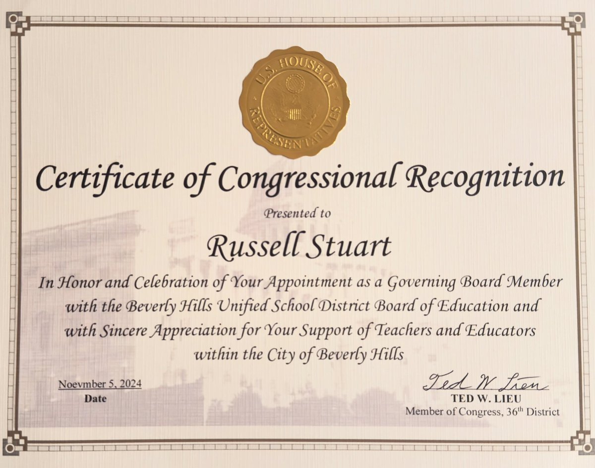 Thank you Congressman #TedLieu for this wonderful recognition #BHUSD