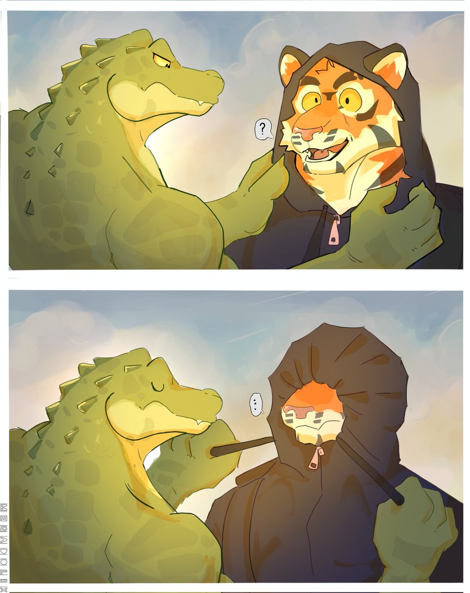 Megadolix's tweet photo. "When you're curious about your friend's hoodie... 😅🐊🐯" https://t.co/R0mzSAm75c