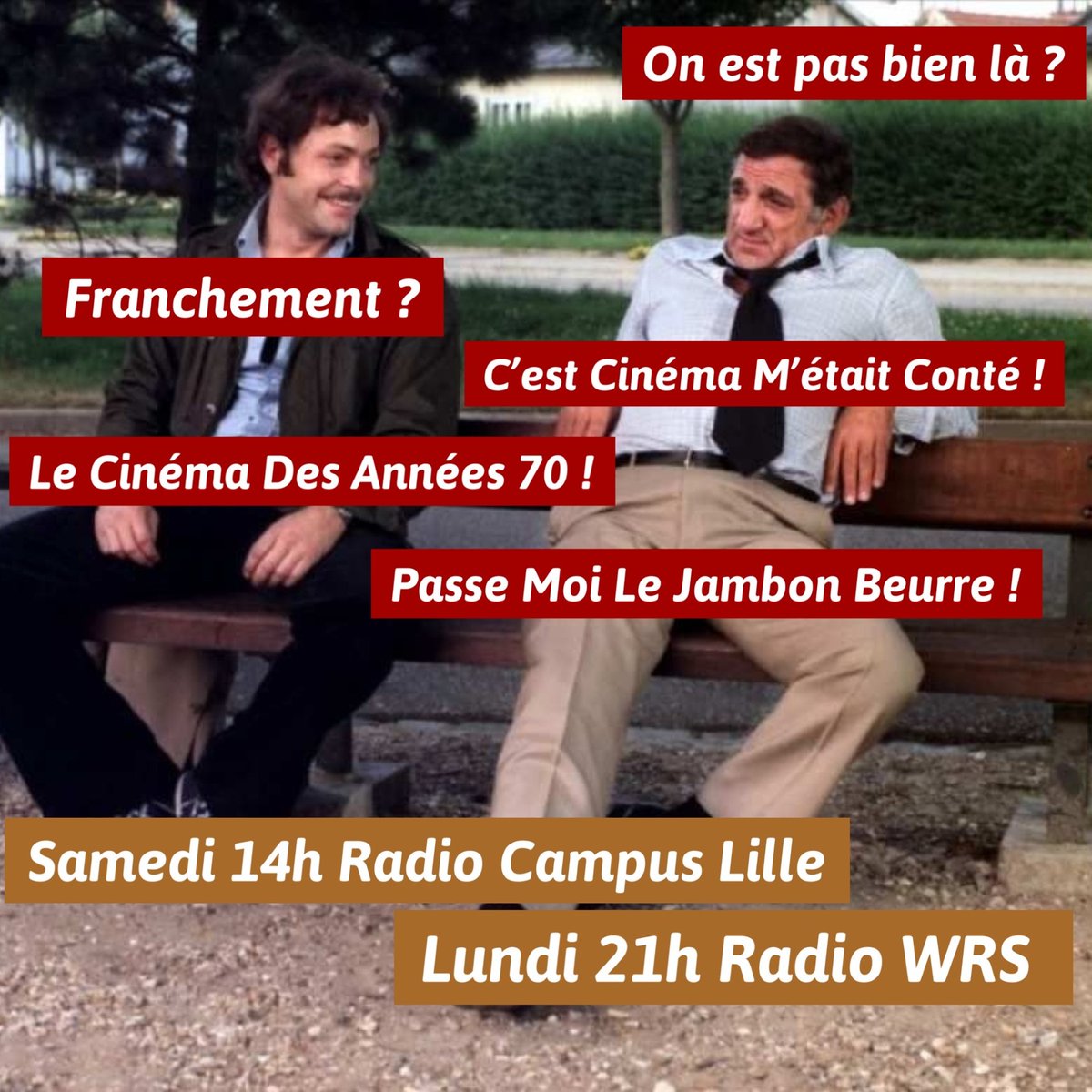 1 émission, 2 RDV
Avec Cinéma M'était Conté
le samedi à 14h sur Radio Campus Lille (Fm DAB+)
et en rediffusion sur WRS le lundi à 21h (radiowrs.com)
Cette semaine épisode numéro deux du Cinéma Des Années 70 !
<a href="/campuslille/">Radio Campus Lille</a>
<a href="/wrsarthe/">RADIOWRS</a>
<a href="/ChristopheColp2/">Christophe Colpaert</a>
<a href="/JrmyJoly1/">Jérémy Joly 🎬</a>