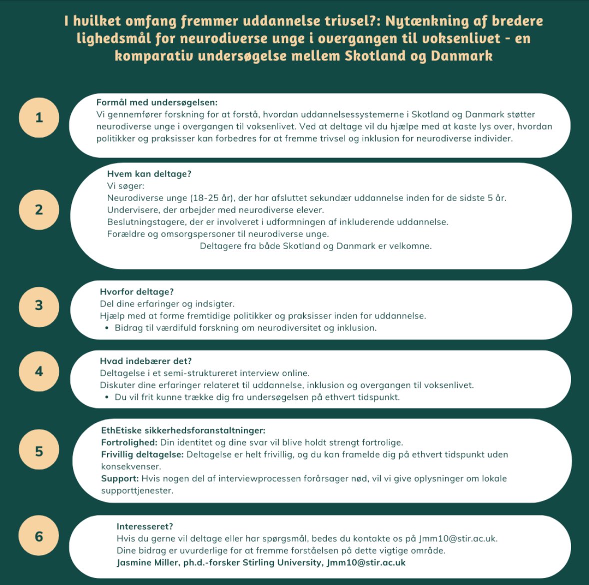 📢 Seeking participants for my PhD study on education &amp; neurodiverse young people in Scotland &amp; Denmark.

🌟 Neurodiverse (18+), educators, policymakers, parents/caregivers welcome.

💬 Online interview | Confidential &amp; voluntary

📧 jmm10@stir.ac.uk or DM me. 
Please share! 🙏