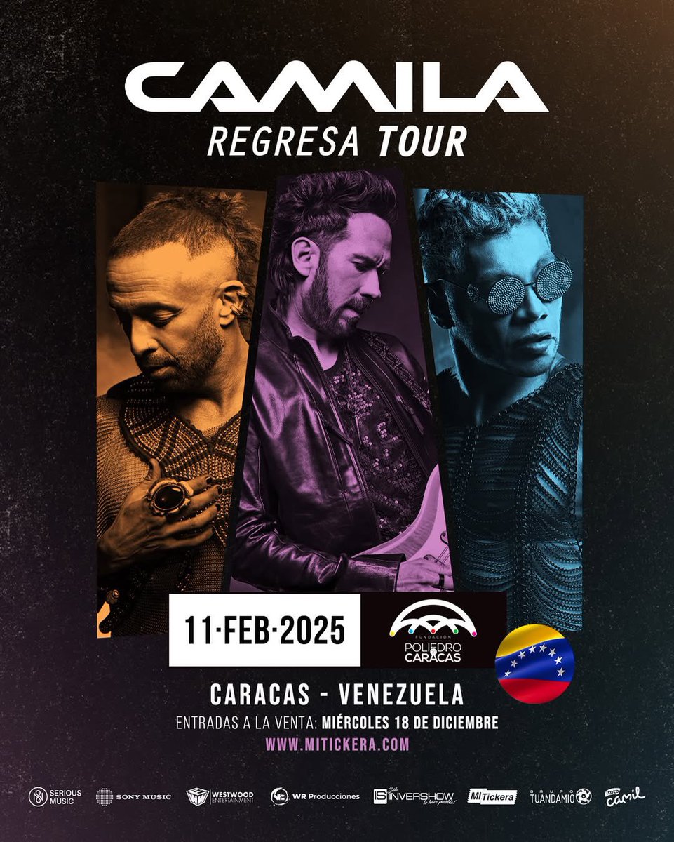 ConcertsMusicVe's tweet photo. Sólo para ti, se juntan los tres soñadores mexicanos Mario Domm, Samo y Pablo Hurtado del trío pop romántico @CamilaMX con “Regresa Tour” en Caracas. Entradas a la venta, el miércoles (18 de Diciembre) por @mitickera y @somoscashea 🇲🇽🥰

🗓️ 11 de Febrero
📍 Poliedro de Caracas https://t.co/r50HmwYNie