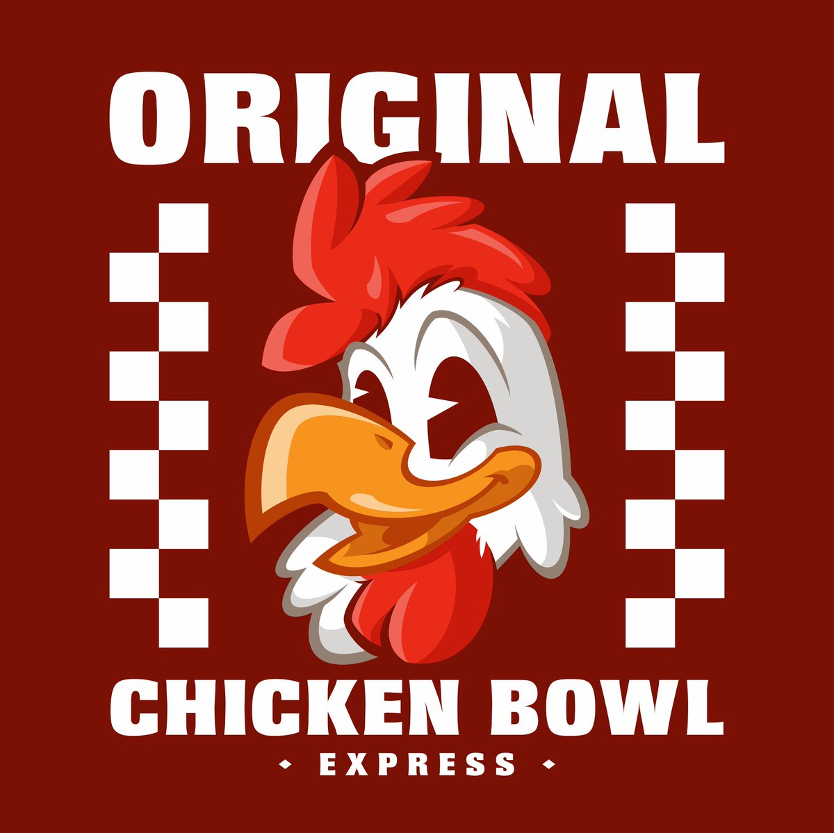 A logo design for "Original Chicken Bowl," a chicken bowl business, featuring a mascot-style chicken head. The design is simple and bold, reflecting the brand's approachable and fresh vibe, with a modern touch. The tagline "Express" highlights the fast and convenient service.