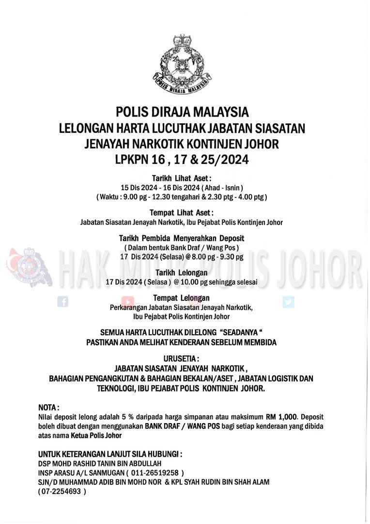 twthartanah's tweet photo. Lelongan kenderaan lucuthak Polis Johor. https://t.co/Yc8iHVXMGF