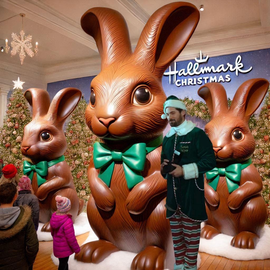 ReggieMah_'s tweet photo. Spotted: @ChrisMcNally_  spreading holiday cheer as an elf at the Large Chocolate Bunny display! 🎅🐰 Christmas magic, chocolatey vibes, and all the #ChrisMcNally charm we adore. @hallmarkchannel @ChrisMcNally_  #TLCB https://t.co/BHxPQxNXGv