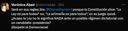 LaDefensaEc's tweet photo. DIANA, RESPETA LA DEMOCRACIA
Ante el anuncio de la presidenta prorrogada en funciones del CNE, @DianaAtamaint, respecto a que, si el presidente Noboa no pide licencia, los asambleístas que buscan la reelección tampoco deberán hacerlo, la vicepresidenta @veroniabad expresó su rechazó y exhortó a Atamaint a que respete la democracia.