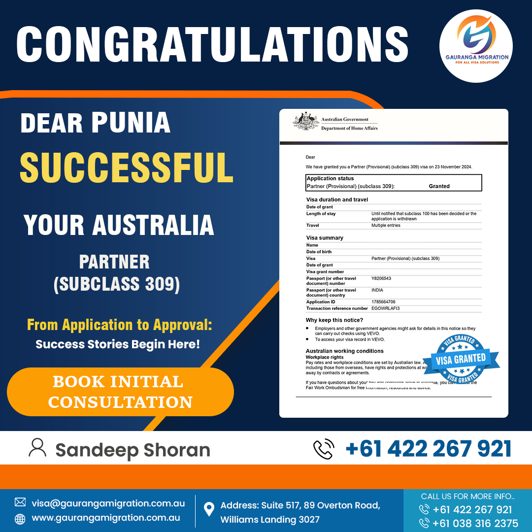 GaurangaMi27109's tweet image. 🎉 Congratulations, Dear Punia!  

We are thrilled to share the fantastic news of your Australia Partner Visa (Subclass 309) approval. 

#partnervisa #subclass309 #visaapproved #gaurangamigration #reuniteinaustralia #visasuccess #australiavisa #migrationexperts #loveinaustralia