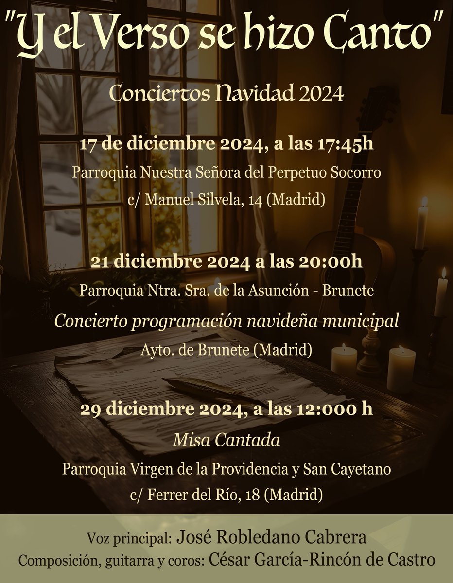 El próximo domingo día 15 de diciembre, concierto de #Navidad "Y El Verso se Hizo Canto" en la parroquia Nuestra Señora del Perpetuo Socorro de Madrid, a las 17:45h <a href="/parroquiaps/">Parroquia PS Madrid</a>
 con <a href="/EducAutor/">César García-Rincón de Castro</a>
 y <a href="/JoseRobledano/">José Robledano Cabrera</a>