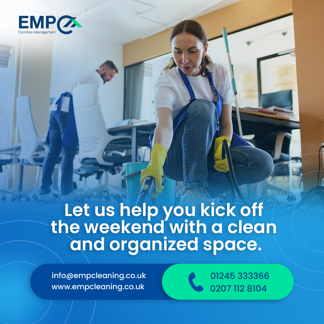 EMP_Facility's tweet photo. Kick off your weekend right! Let us handle the cleaning so you can enjoy a spotless and organized space. 🧹✨

📞 Essex: 01245 333366 | London: 0207 112 8104
📧 info@empcleaning.co.uk
🌐 Book our services: https://t.co/aQpFHgpklJ https://t.co/MjJe9YhQJT