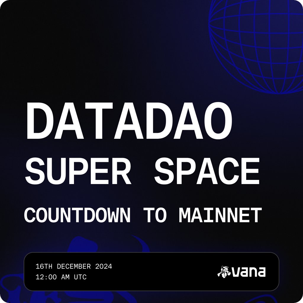 ⏰ Set your alarms: Vana’s mainnet will go live on Monday, December 16 at 09:00 UTC. $VANA token trading will open at 10:00 UTC.

Join our live countdown this Monday at 00:00 UTC to hear about what this exciting moment means to our DataDAO builders and community 🚀