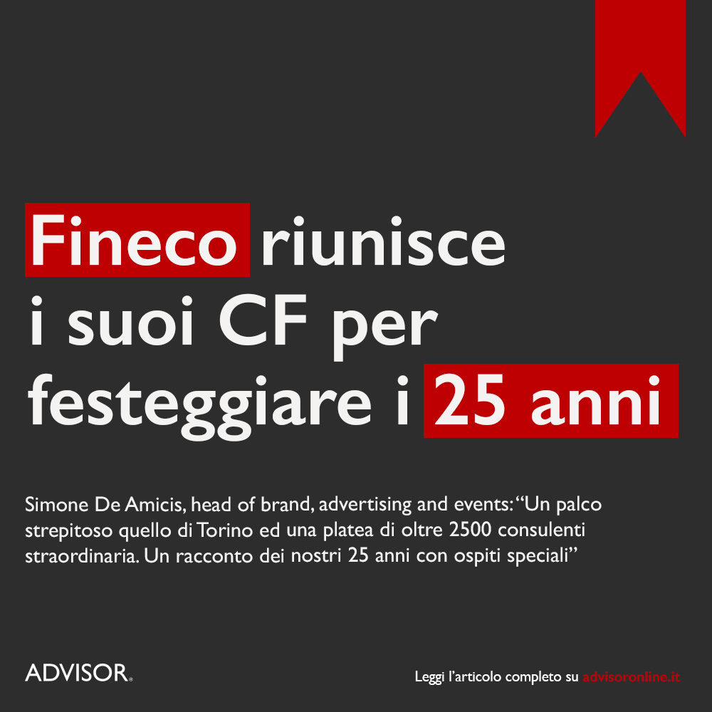 Fineco ha compiuto 25 anni e per festeggiarli ha riunito tutta la sua rete di professionisti a Torino. Simone De Amicis, head of brand, advertising and events, con un post su LinkedIn, ha fatto un breve..

Leggi l'articolo completo👉 ow.ly/BewX50UqvPo