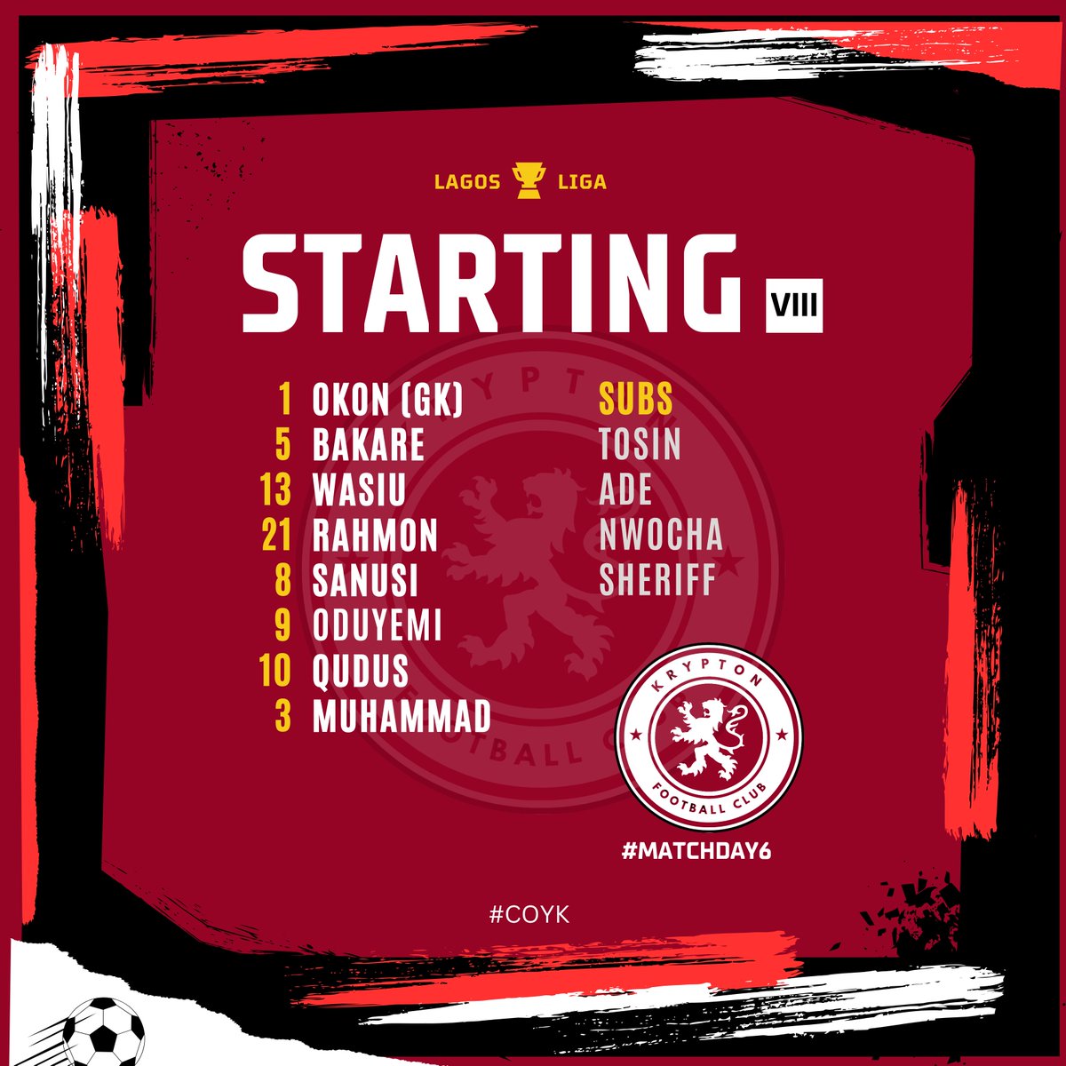 Krypton_FC's tweet photo. Starting Line up against Jarus FC 🔵

Let's go for the glory 🔴⚪️

We are their Kryptonites 🦄

@DrJesseglee @Morris_Monye @JarusFC @LagosLiga https://t.co/RXcHTsF9ly