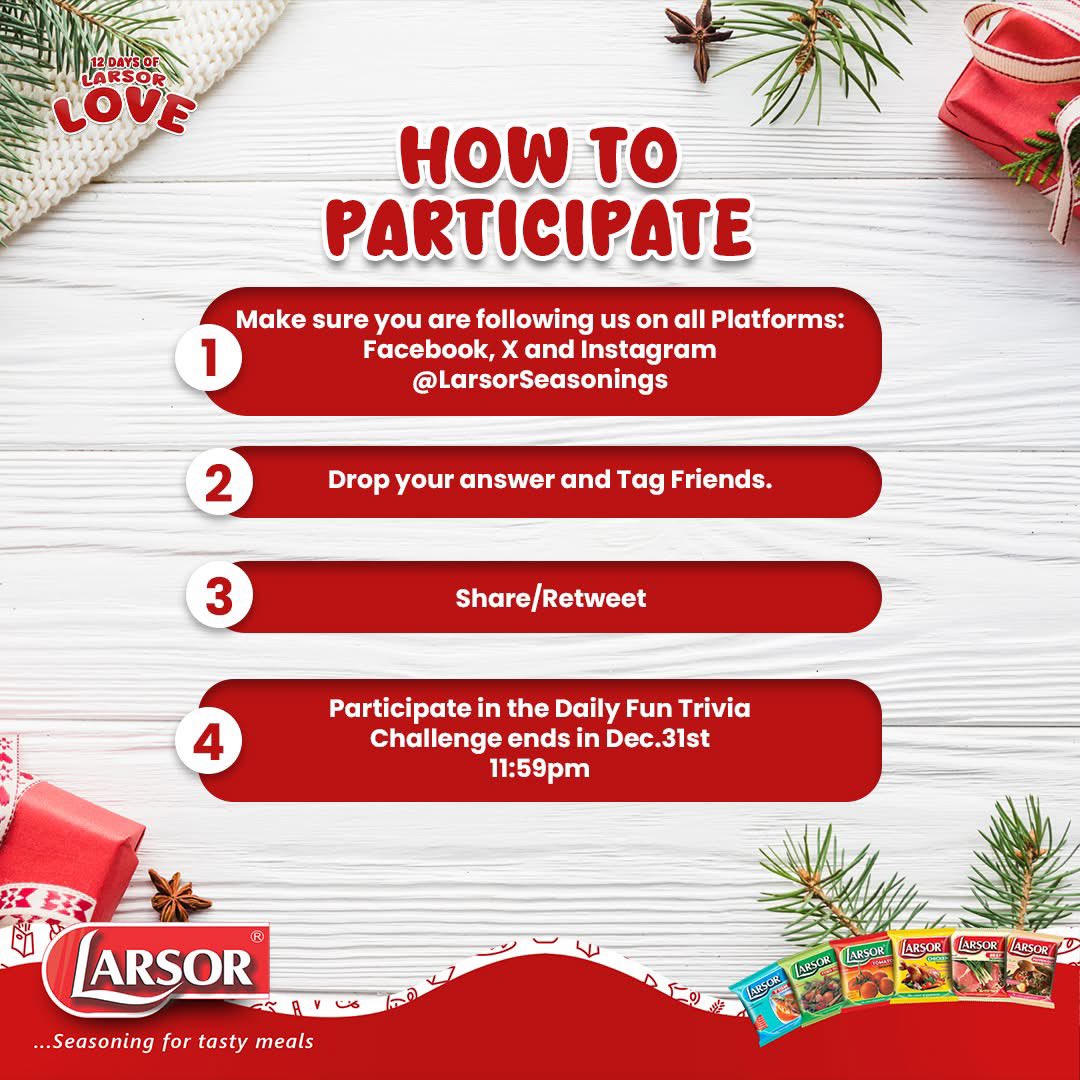 LarsorSeasoning's tweet photo. ₦10,000 for 20 lucky winners!
It’s Day 2 of #12DaysofLarsorLove!
Swipe to see how to grab your spot:
The clock is ticking, and the countdown to ₦200,000 in prizes has begun! 

#LarsorSeasonings #12DaysOfChristmas #ChristmasGiveaway https://t.co/qcgBj1BLo3