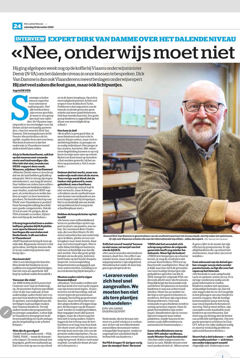 VanDammeEDU's tweet photo. Neen, de dramatische resultaten van ons onderwijs in PISA en TIMSS mogen we niet normaal gaan vinden. Het roer moet echt om. En dat kan. Maar dan moet onderwijs wel een aantal mythes en ideologieën laten varen. Mijn weekendinterview in @HLN_BE. https://t.co/IpPsXe0lVI