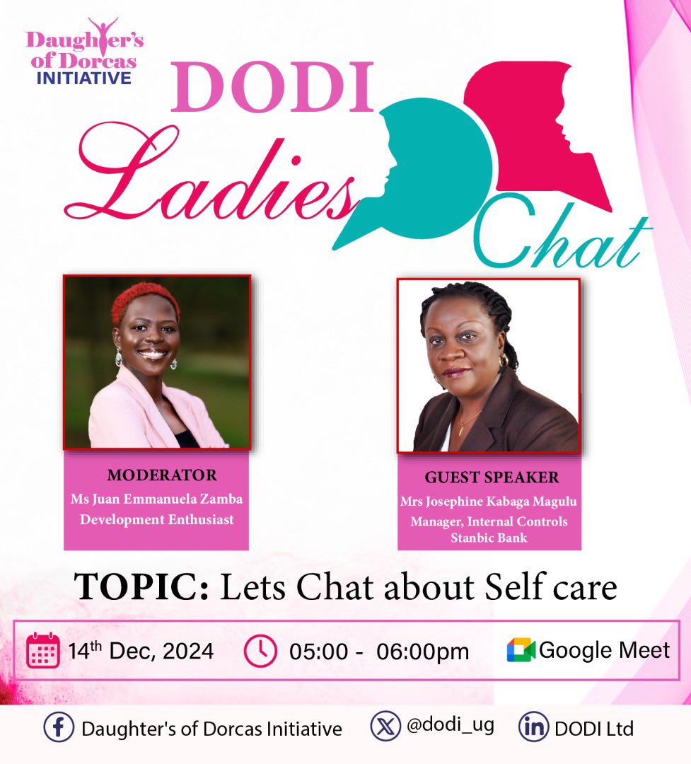 *Daughters of Dorcas Initiative (DODI)* invites you for a fun and empowering online conversation  on the *Topic: Let's Chat about Self Care* on this *Saturday 14th December <a href="/05/">★</a>:00pm*

*How to Join:*
1. Click on this *Google Meet link to join the meeting:* meet.google.com/vhn-ywex-hjx