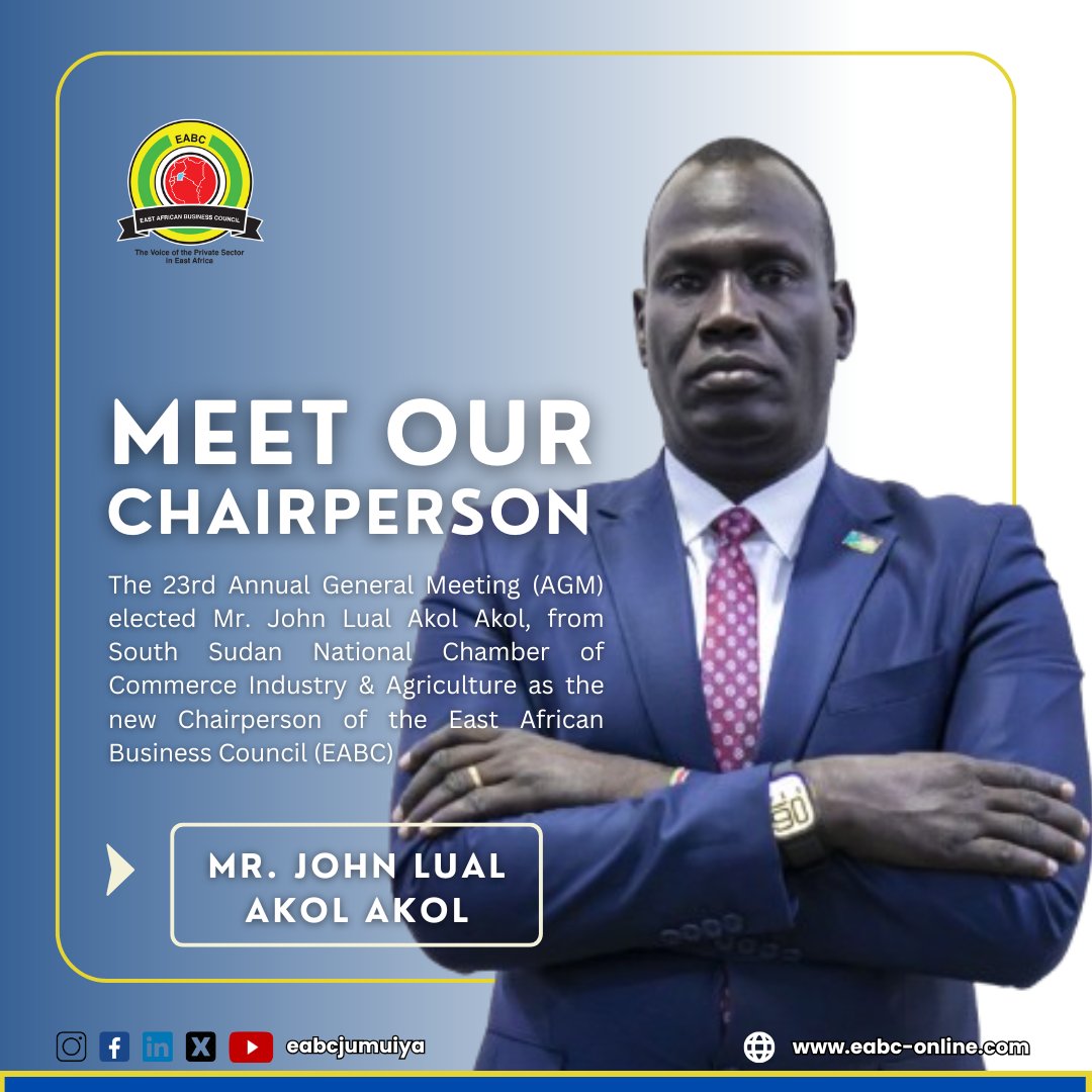 📢 Meet Our New Chairperson! 🌍  

We are delighted to introduce Mr. John Lual Akol Akol, the newly elected Chairperson of EABC! 🎉  

👉 For more updates, visit: eabc-online.com