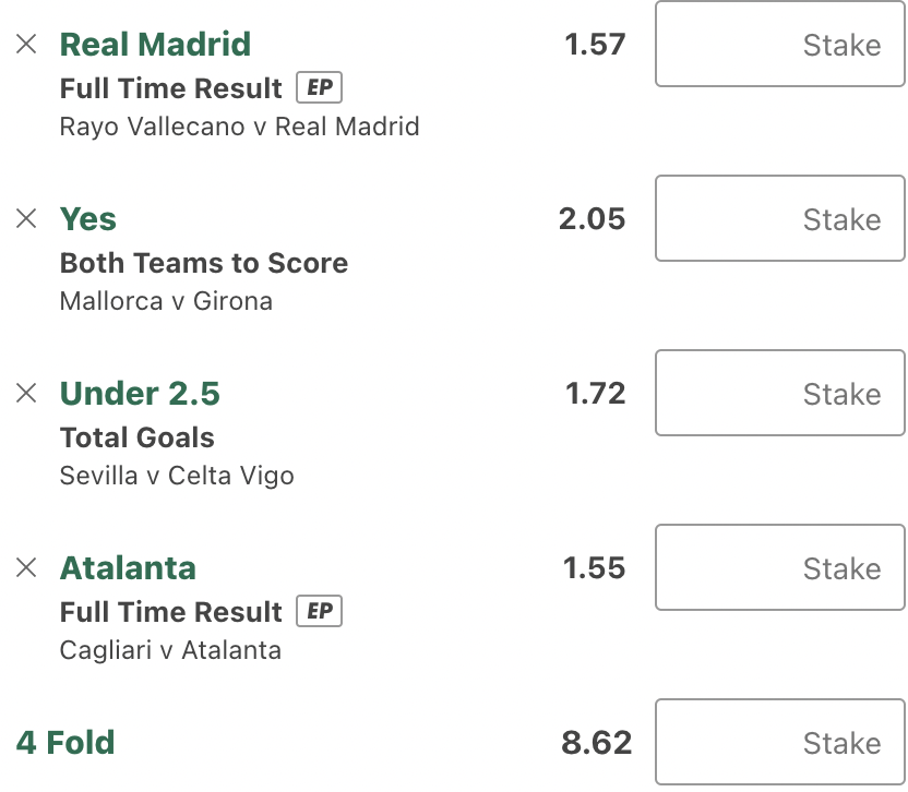 ArmTipster's tweet photo. 🤩⚽️SATURDAY FOOTBALL TIP⚽️🤩

💫Rayo Vallecano v Real Madrid
FT Result - W2: 1.57
💫Mallorca v Girona
Both teams to score - YES: 2.05
💫Sevilla v Celta Vigo
Total goals - Under 2.5: 1.72
💫Cagliari v Atalanta
FT Result - W2: 1.55

✅ACCA: 8.62

Don't miss your chance to win ! 🔥💰